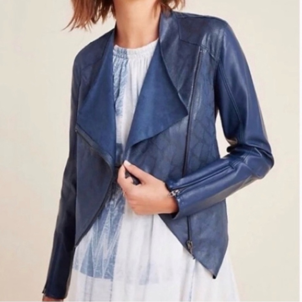 Anthropologie Sharona Navy Snakeskin Print Faux Leather Moto Jacket
